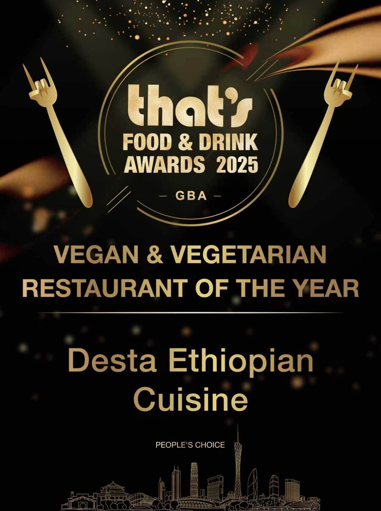 Desta Ethiopian Cuisine, People’s Choice for Vegan & Vegetarian Restaurant of the Year at the That’s Food & Drink Awards GBA 2025.