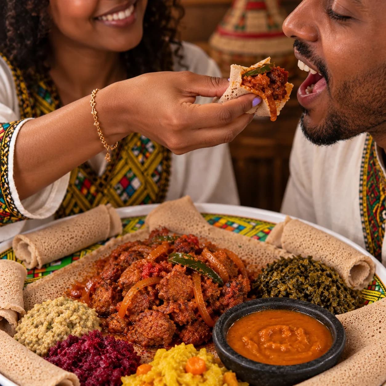 One diner offering another a bite of stew wrapped in injera.