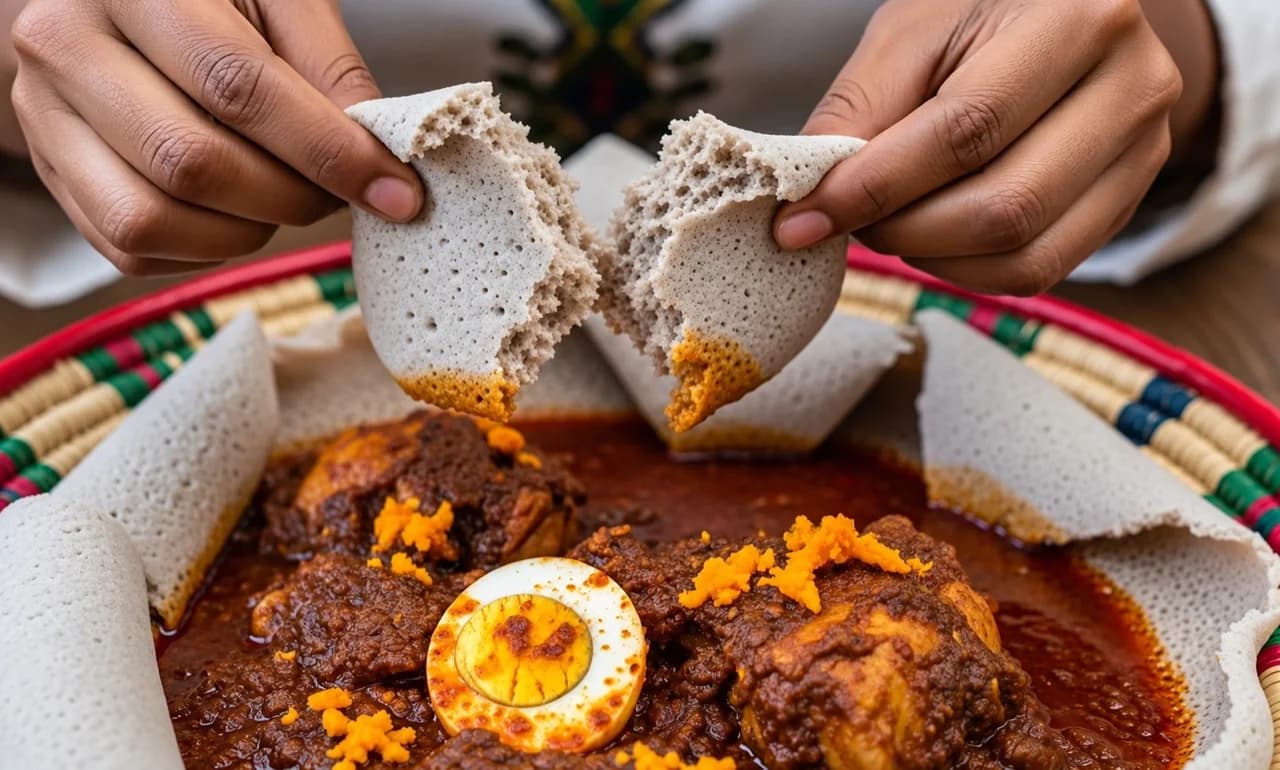 Two hands tearing a piece of injera above a platter of stew.